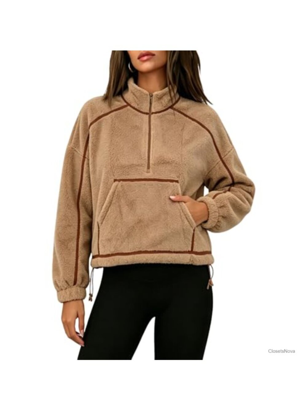 Sherpa Fleece Half Zip Pullover Hoodie Oversized Fuzzy Sweatshirt with Pockets